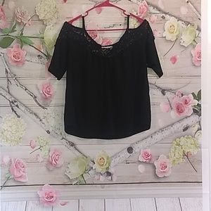 black lace trim cold shoulder top
